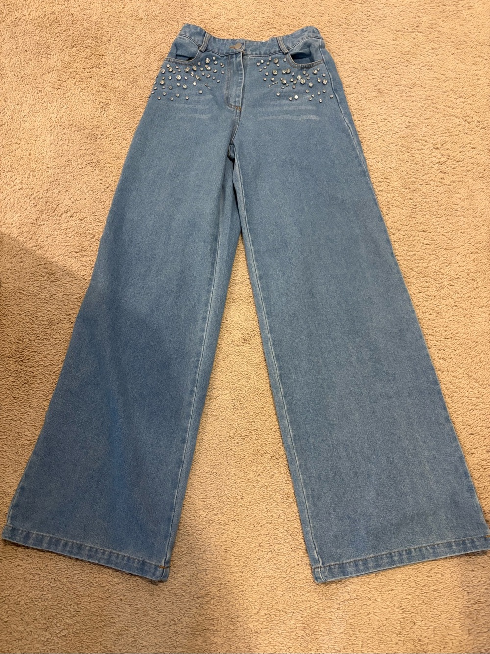 Stud-Accent Wide Leg Jeans in Light Blue